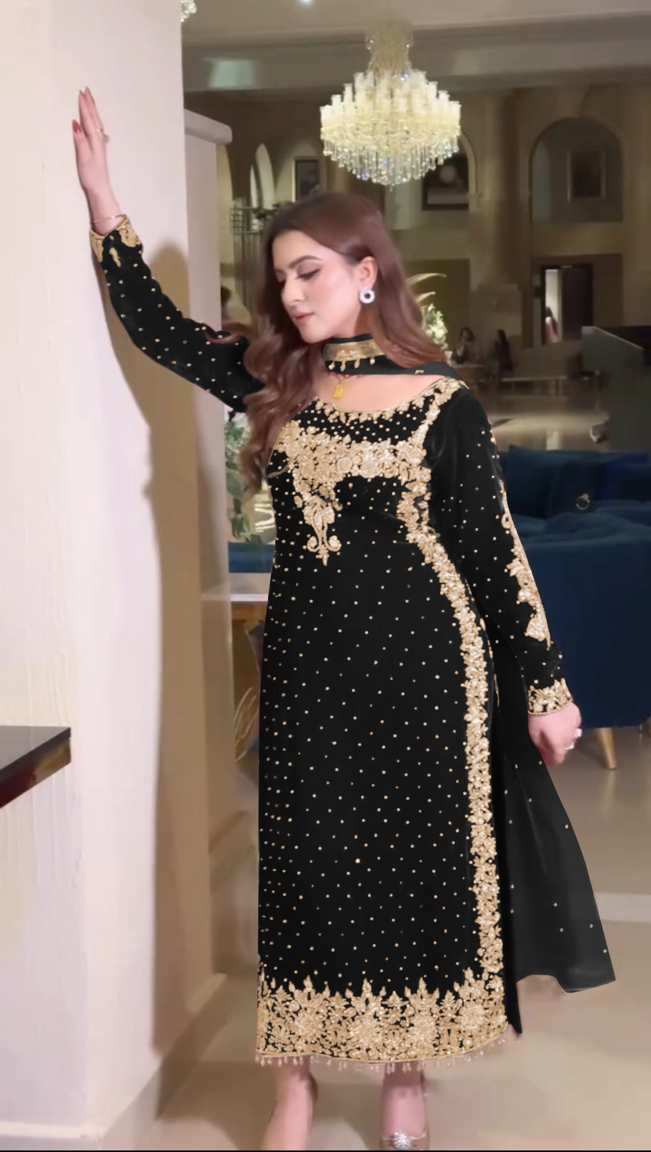 Women Black Velvet Kurta Set