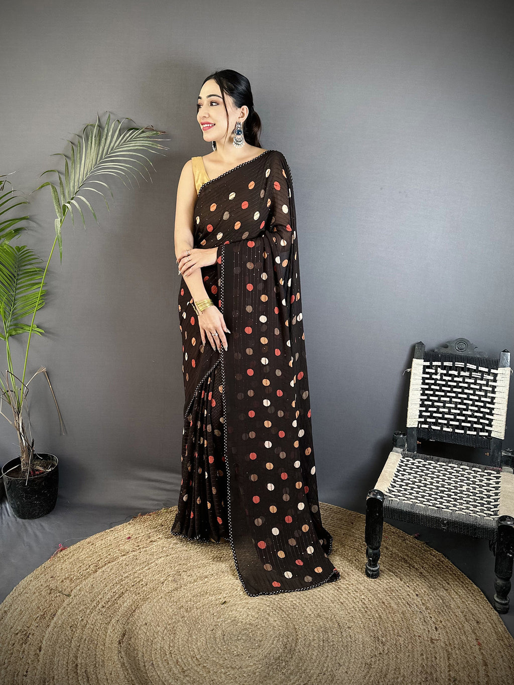 Women Georgette Saree  Black Polka Dot Pattern Saree with unstitched blouse