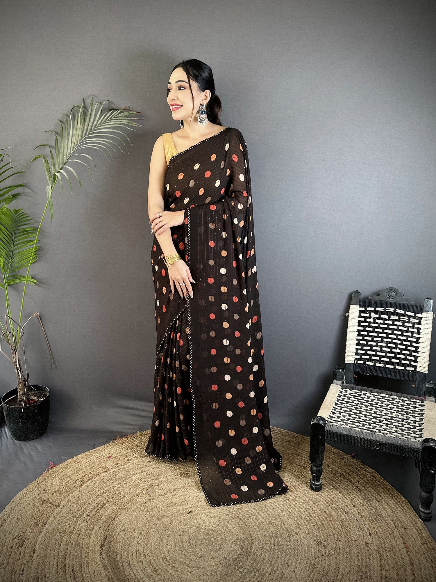 Women Georgette Saree  Black Polka Dot Pattern Saree with unstitched blouse