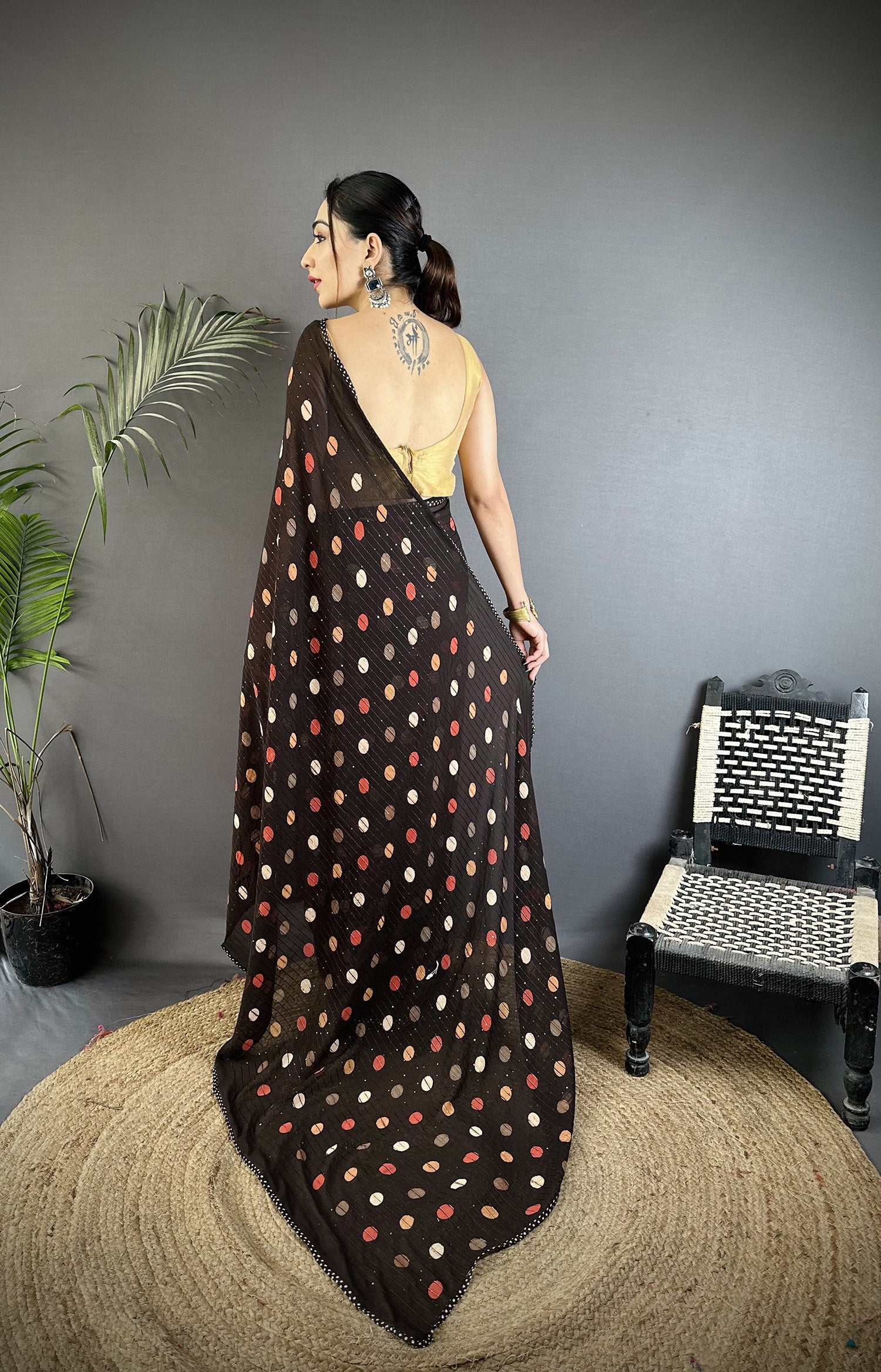 Women Georgette Saree  Black Polka Dot Pattern Saree with unstitched blouse