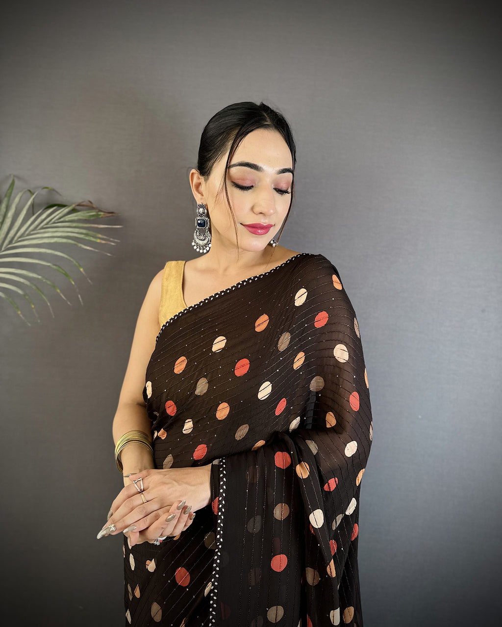 Women Georgette Saree  Black Polka Dot Pattern Saree with unstitched blouse