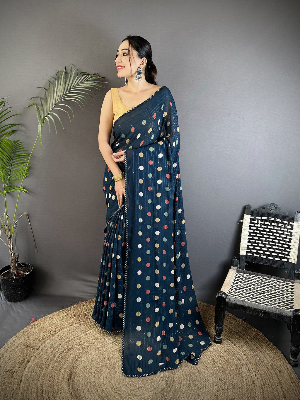 Women Georgette Saree  Deep Blue Polka Dot Pattern Saree with unstitched blouse