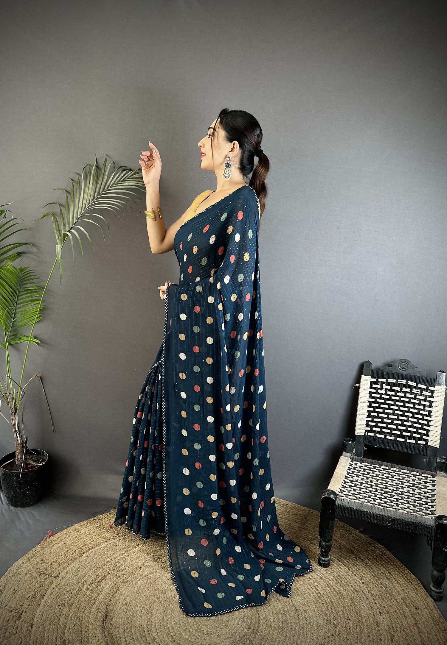 Women Georgette Saree  Deep Blue Polka Dot Pattern Saree with unstitched blouse