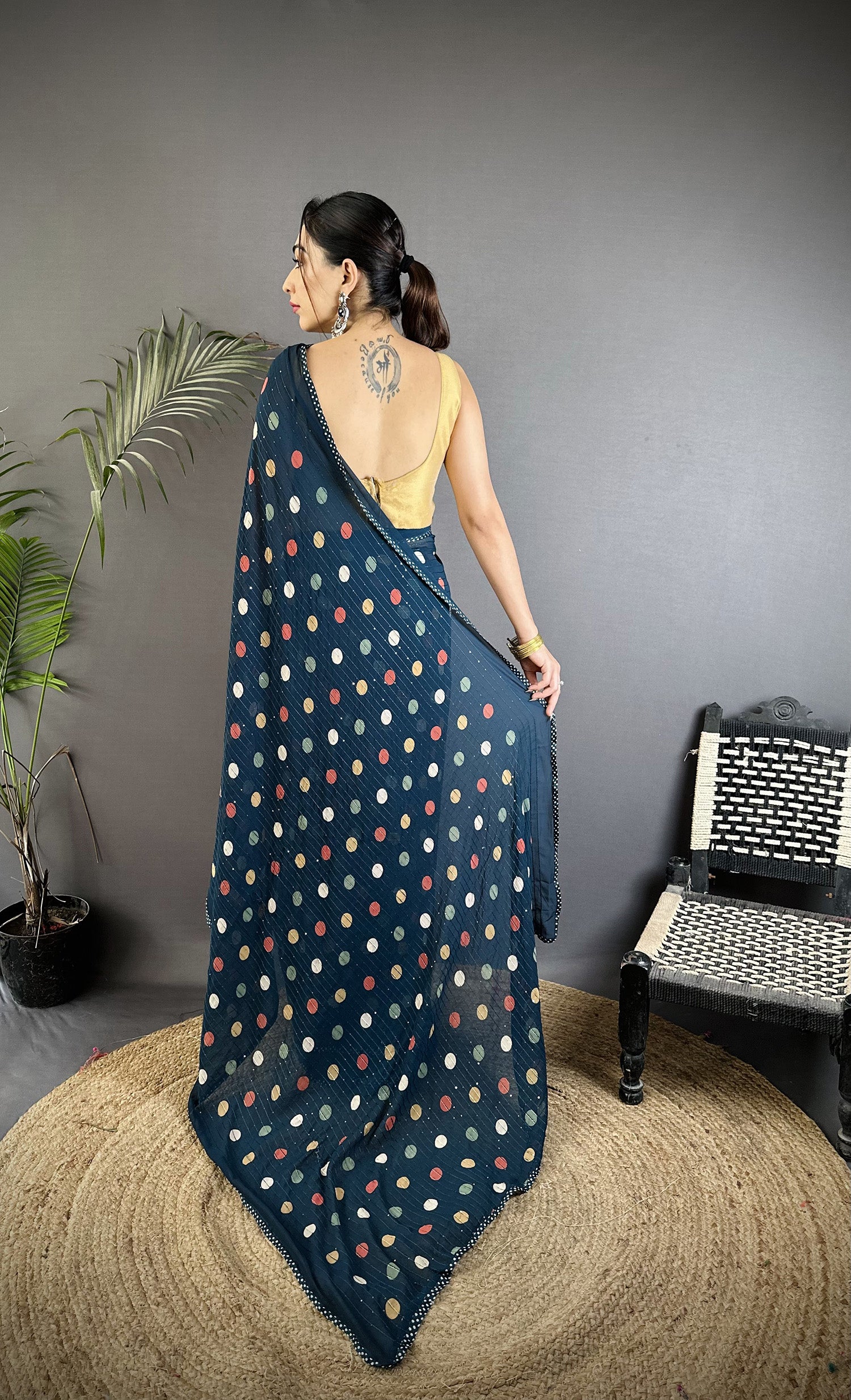 Women Georgette Saree  Deep Blue Polka Dot Pattern Saree with unstitched blouse