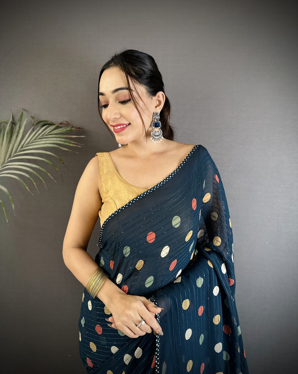 Women Georgette Saree  Deep Blue Polka Dot Pattern Saree with unstitched blouse