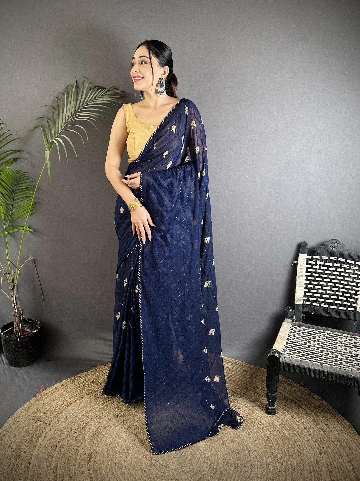 Women Georgette Saree  Navy Blue Polka Dot Pattern Saree with unstitched blouse