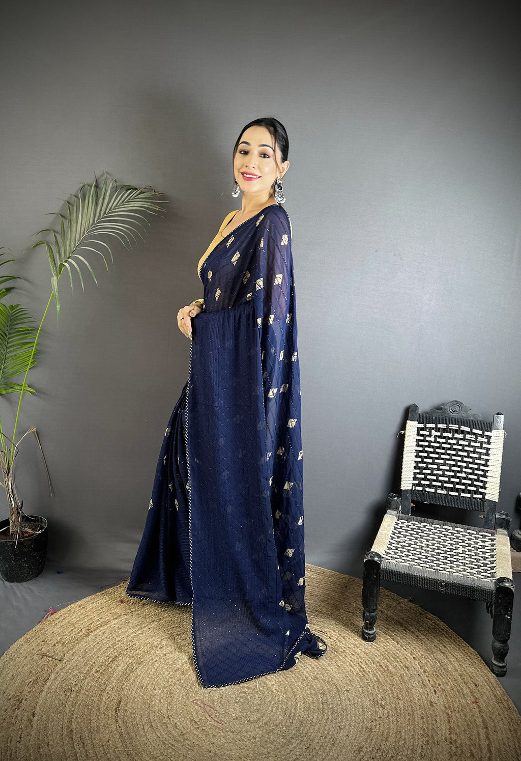 Women Georgette Saree  Navy Blue Polka Dot Pattern Saree with unstitched blouse
