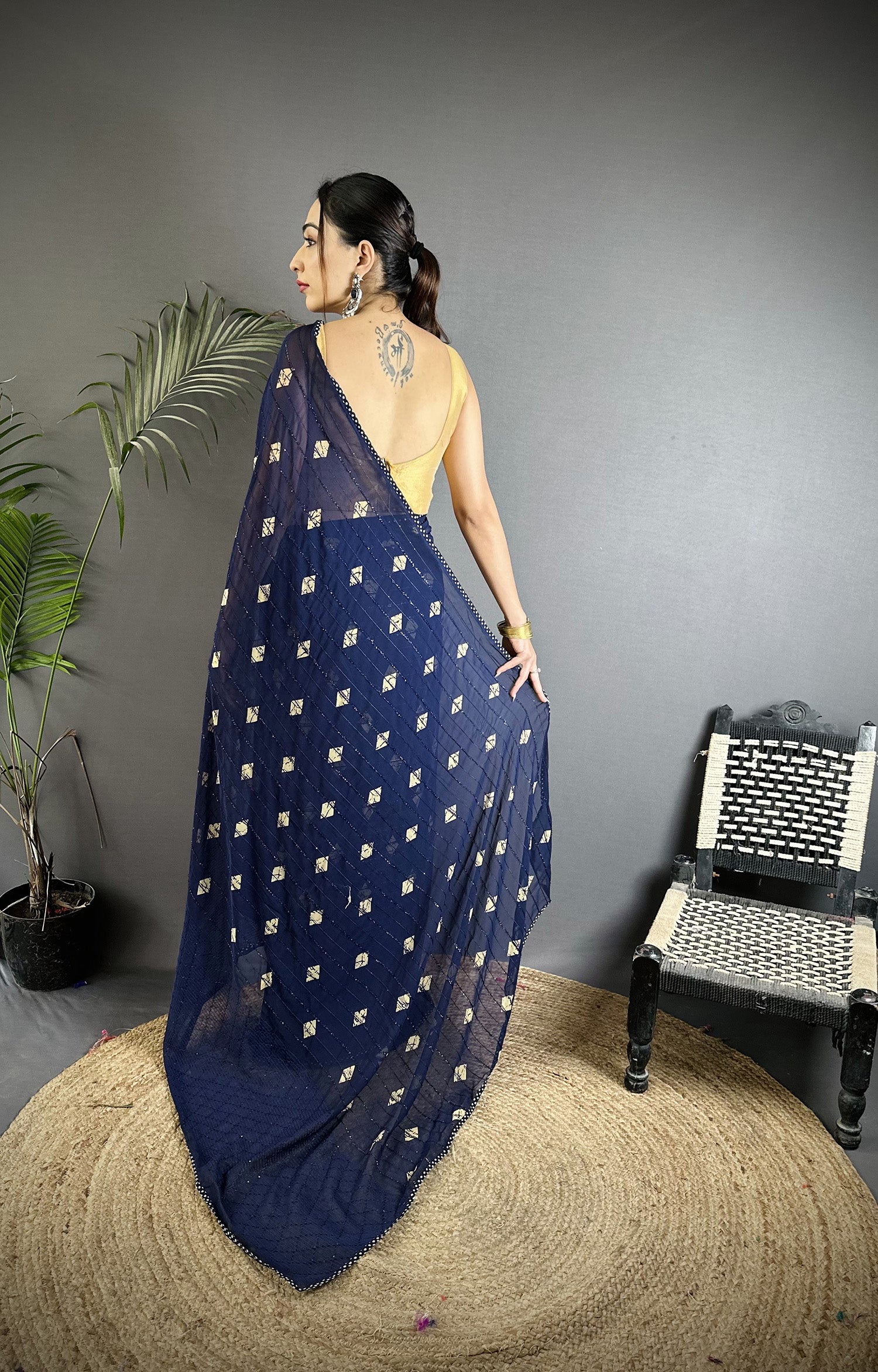 Women Georgette Saree  Navy Blue Polka Dot Pattern Saree with unstitched blouse