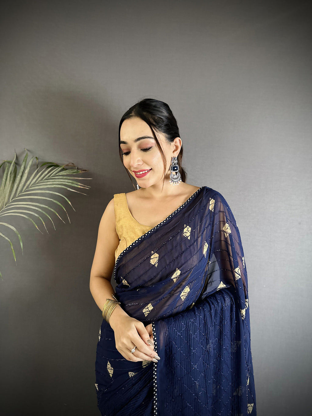 Women Georgette Saree  Navy Blue Polka Dot Pattern Saree with unstitched blouse