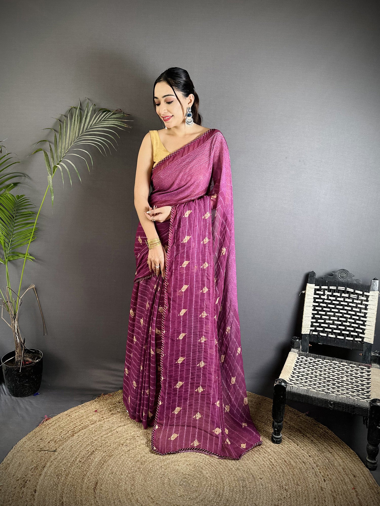 Women Georgette Saree Purple Polka Dot Pattern Saree with unstitched blouse
