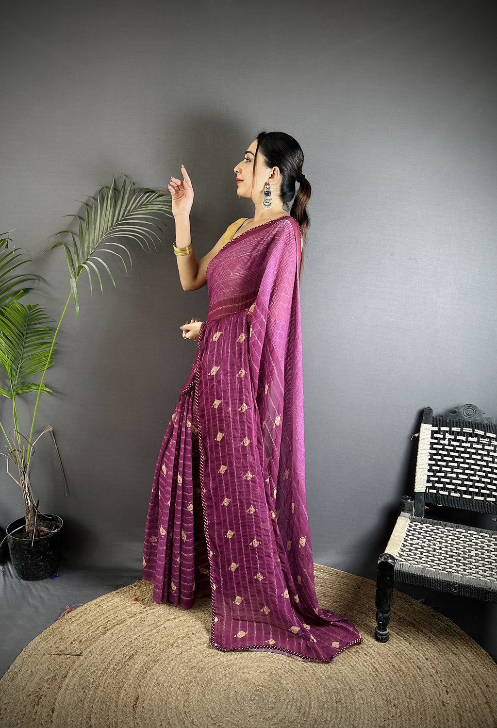 Women Georgette Saree Purple Polka Dot Pattern Saree with unstitched blouse