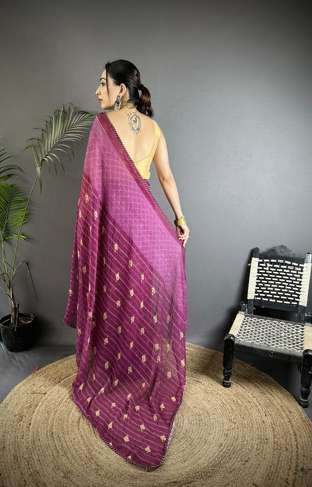 Women Georgette Saree Purple Polka Dot Pattern Saree with unstitched blouse