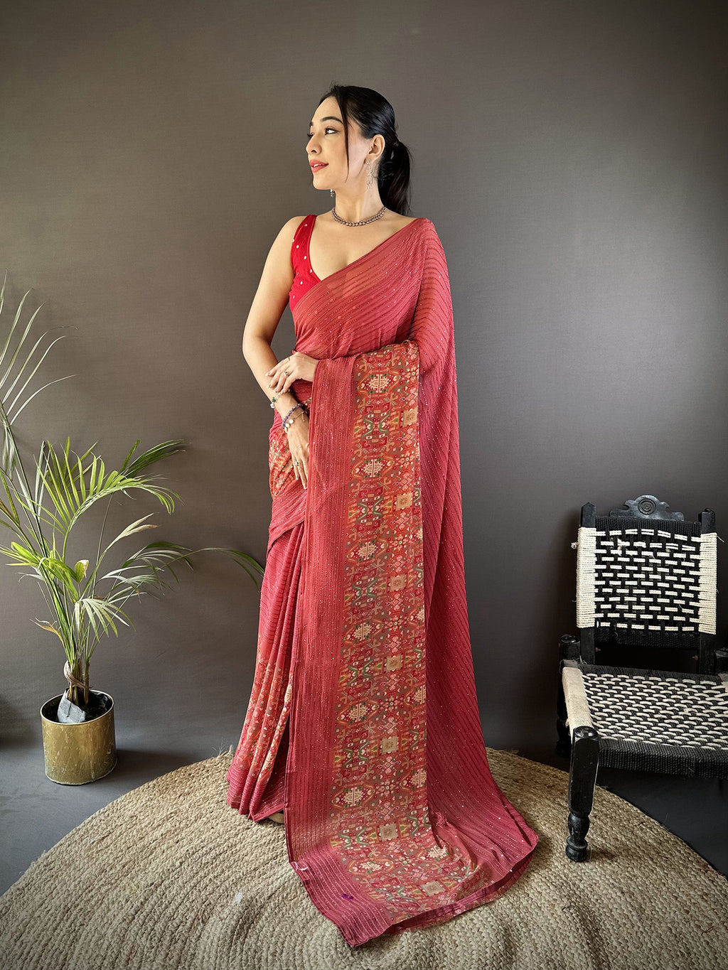 Women Georgette  Red Attractive Foil Print Saree with unstitched blouse