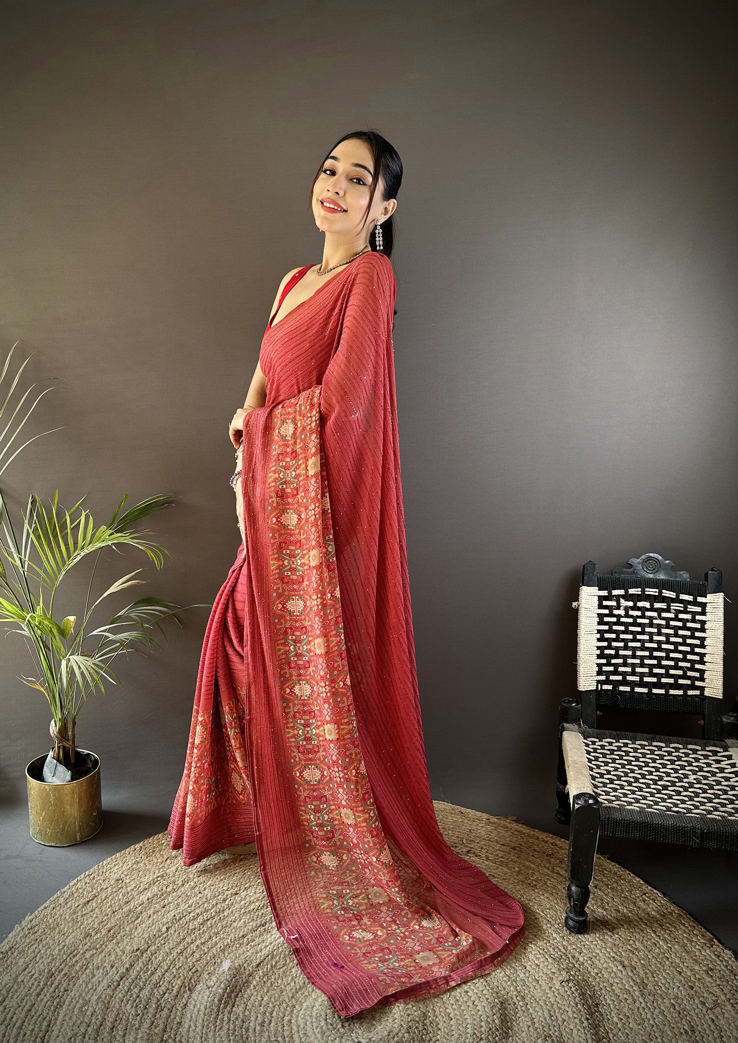 Women Georgette  Red Attractive Foil Print Saree with unstitched blouse