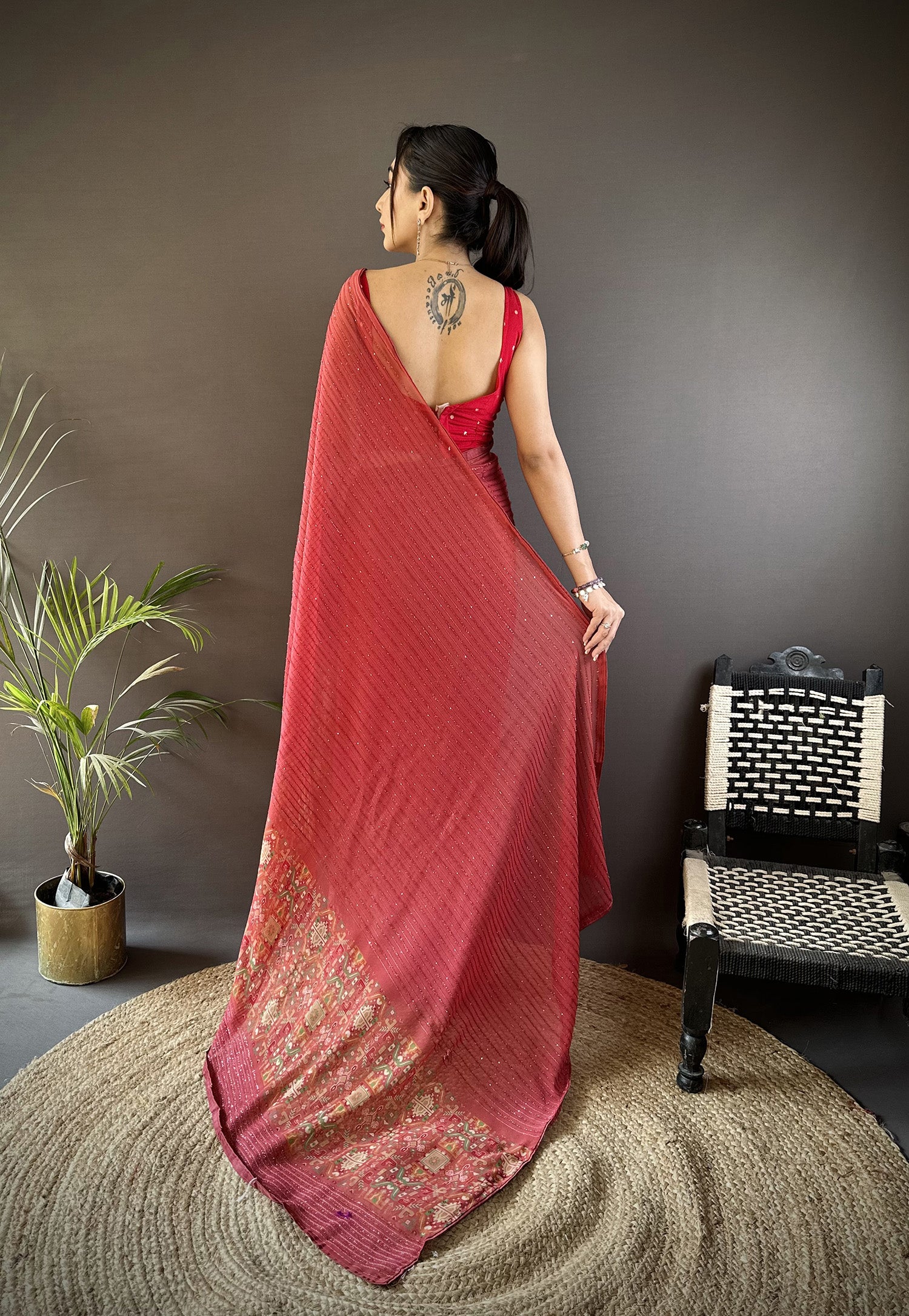Women Georgette  Red Attractive Foil Print Saree with unstitched blouse