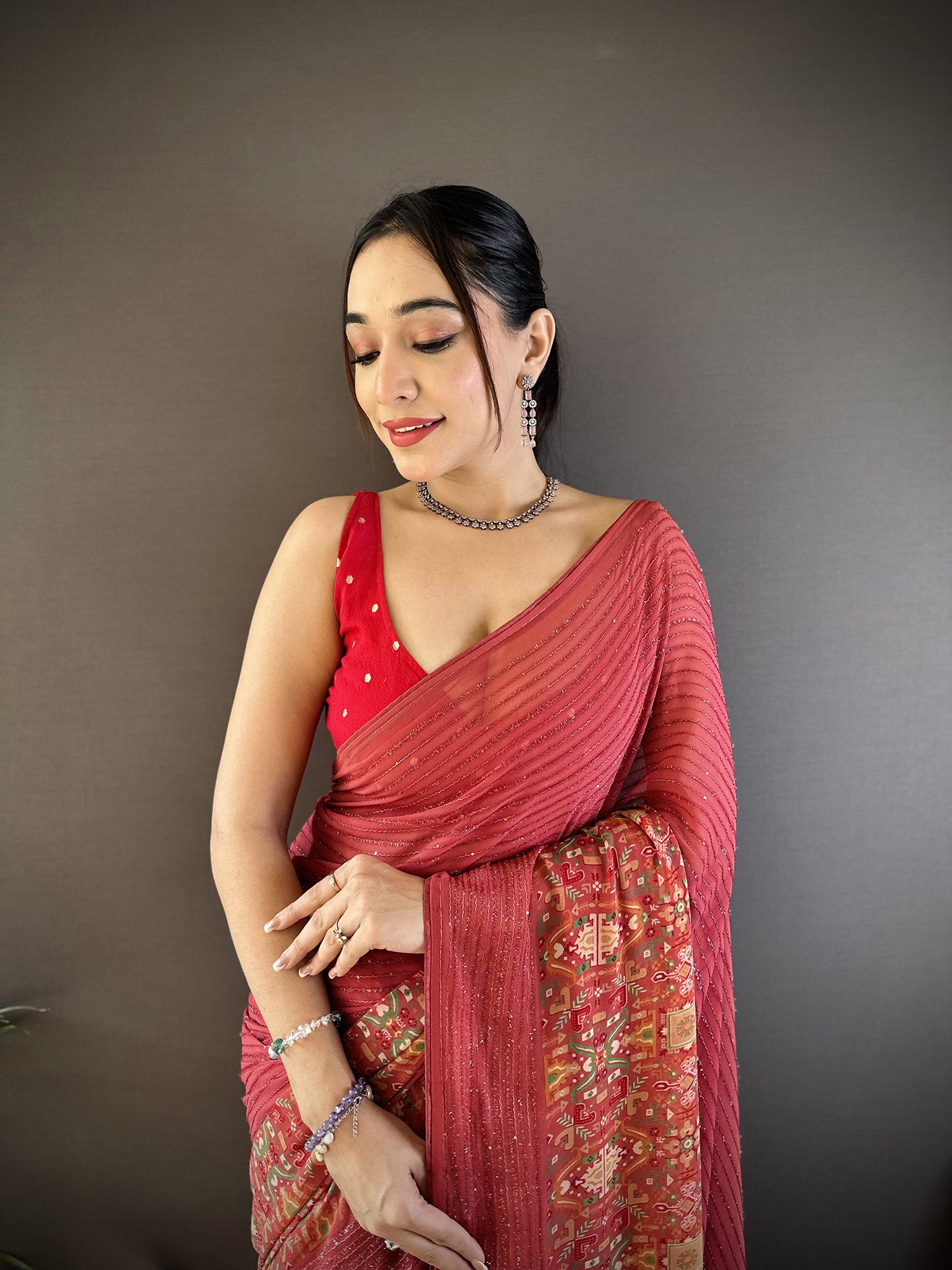 Women Georgette  Red Attractive Foil Print Saree with unstitched blouse