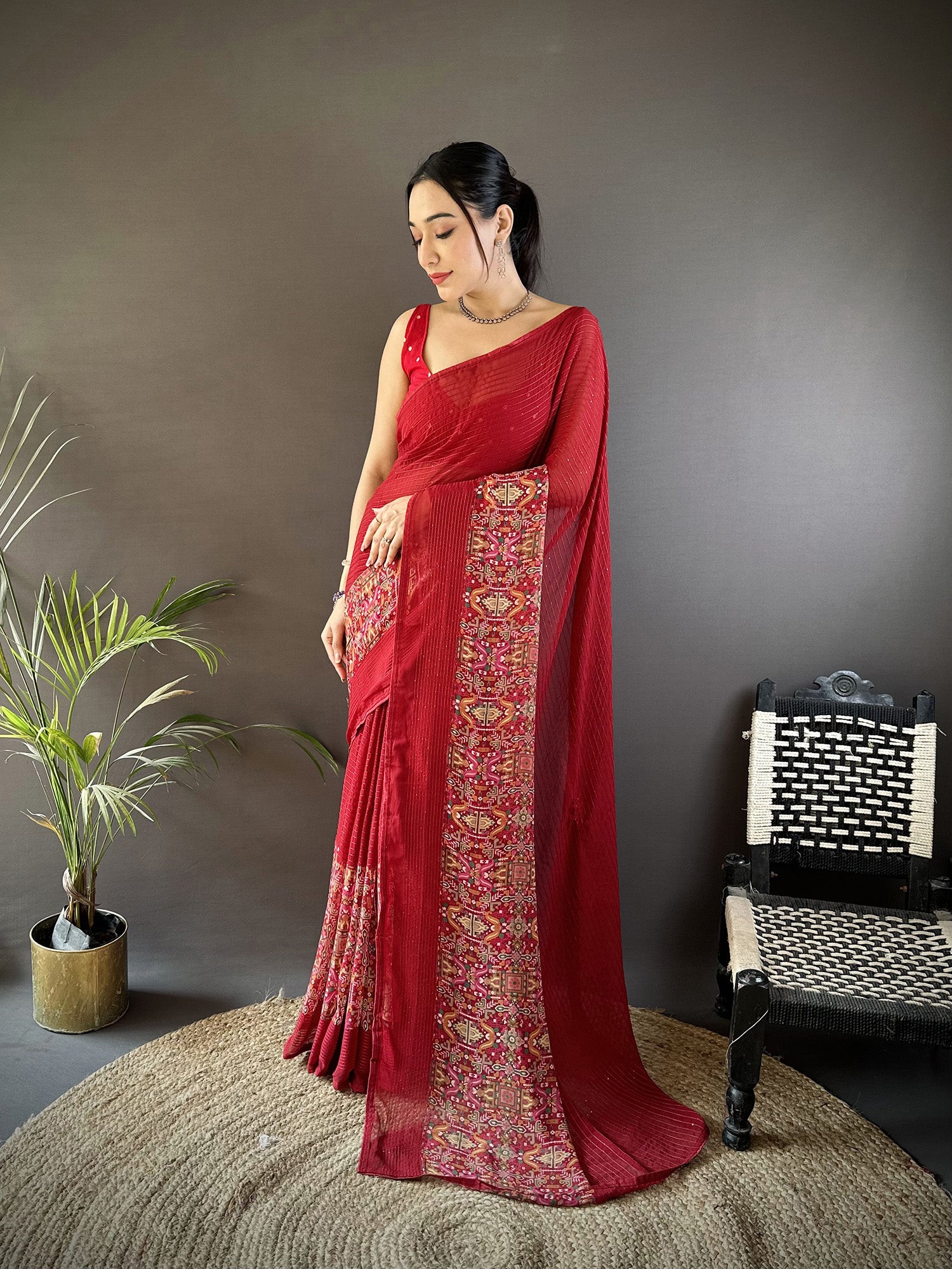 Women Georgette Royal Red Attractive Foil Print Saree with unstitched blouse