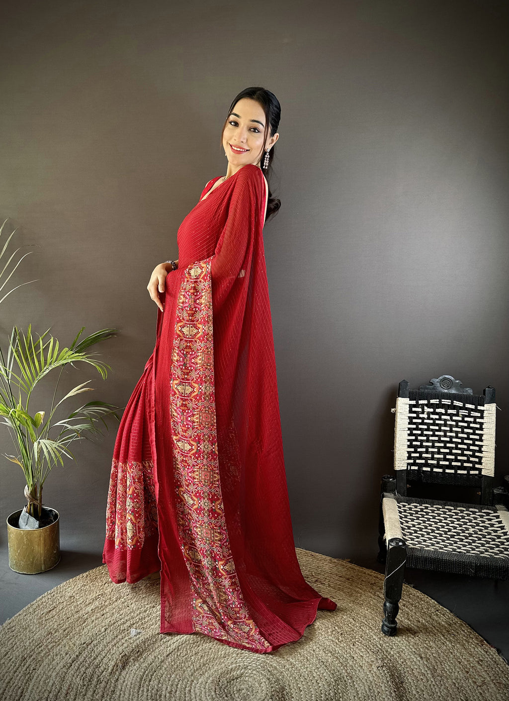 Women Georgette Royal Red Attractive Foil Print Saree with unstitched blouse