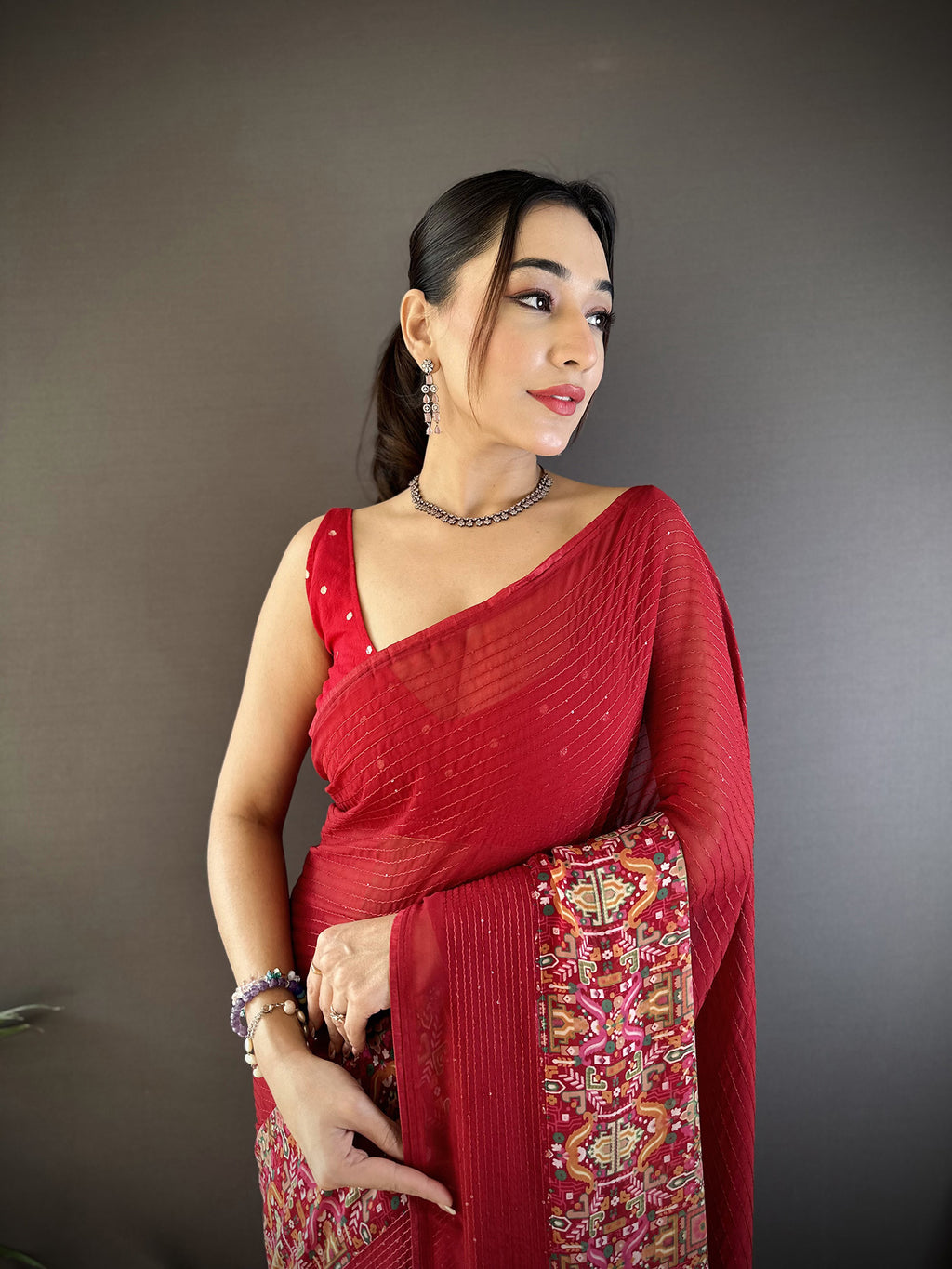 Women Georgette Royal Red Attractive Foil Print Saree with unstitched blouse