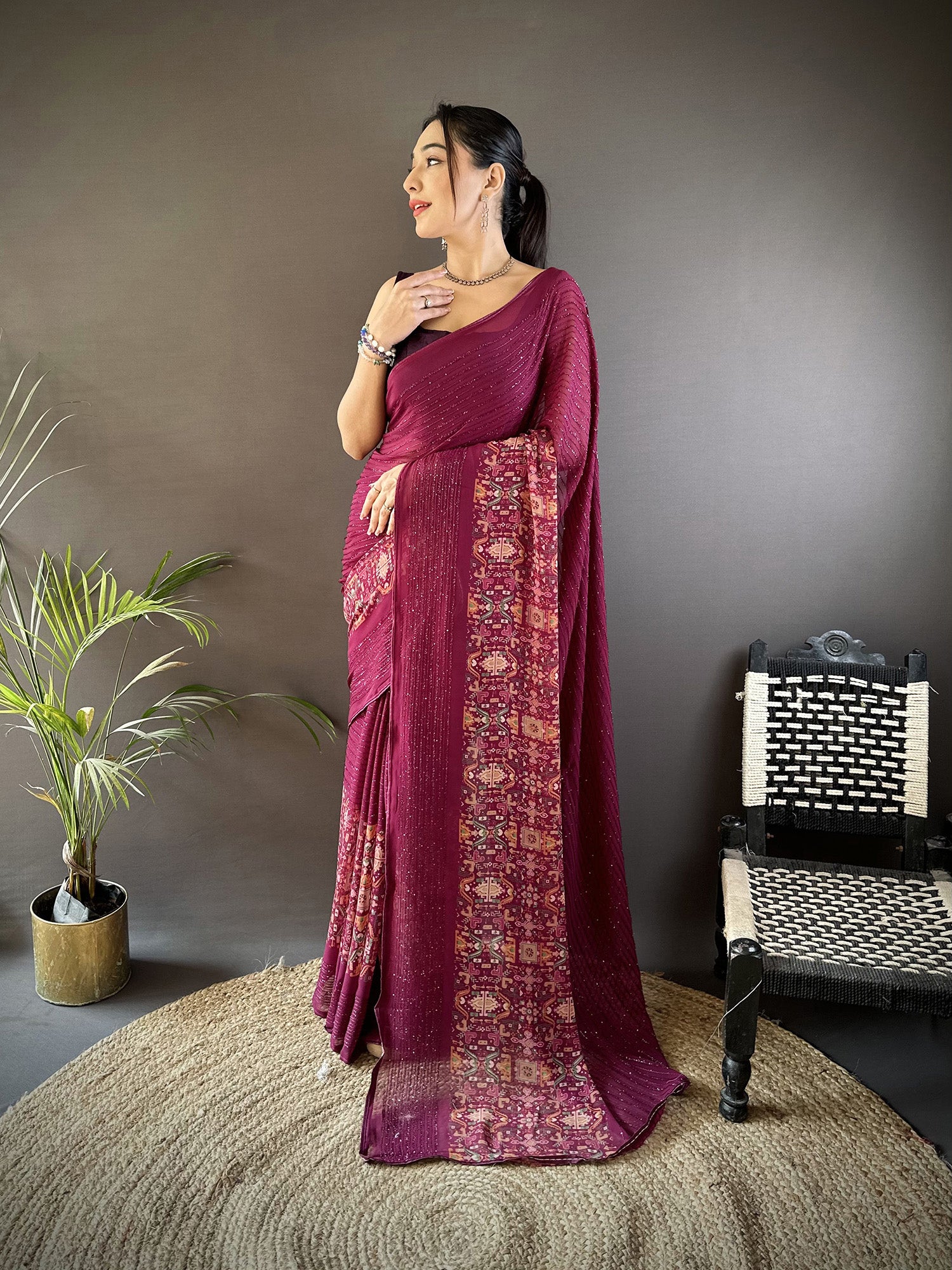 Women Georgette Wine  Attractive Foil Print Saree with unstitched blouse
