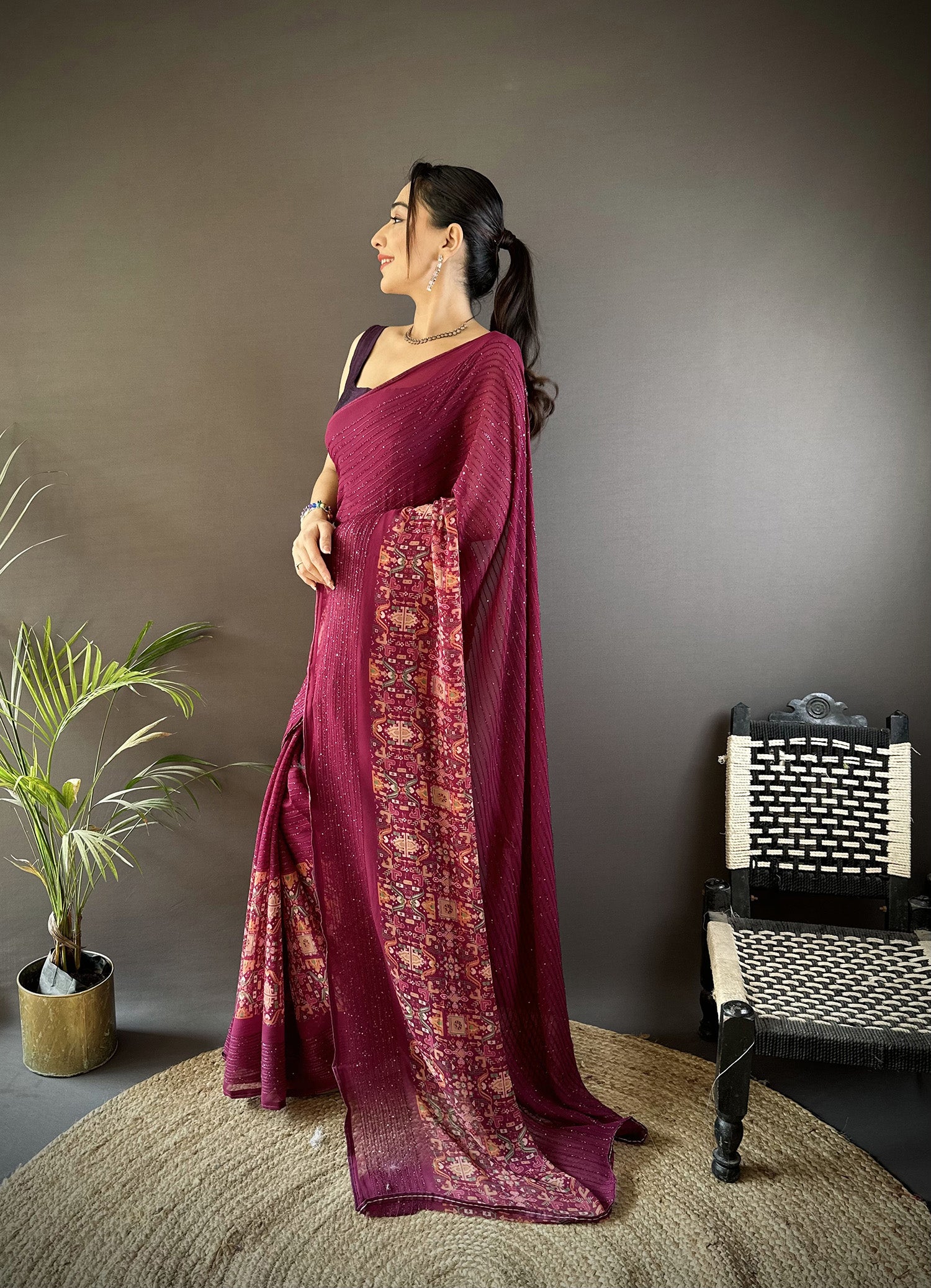 Women Georgette Wine  Attractive Foil Print Saree with unstitched blouse