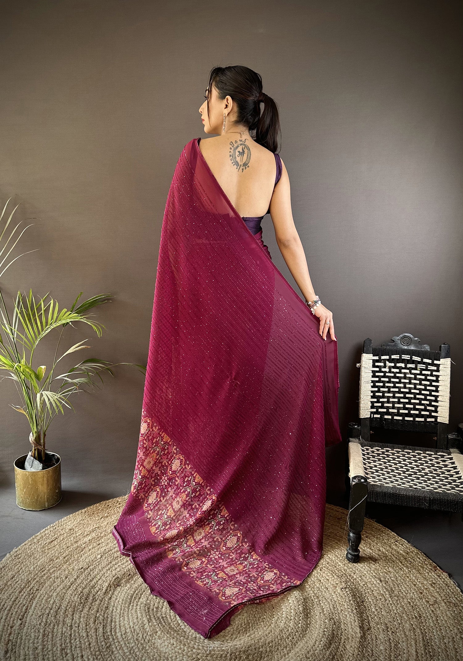 Women Georgette Wine  Attractive Foil Print Saree with unstitched blouse