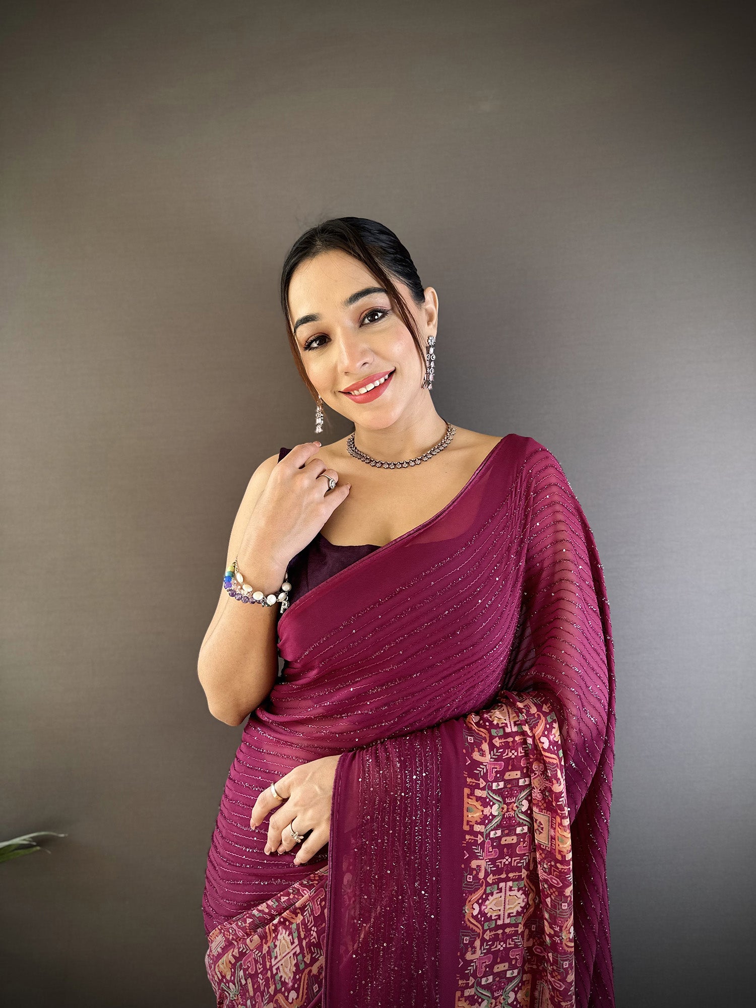 Women Georgette Wine  Attractive Foil Print Saree with unstitched blouse