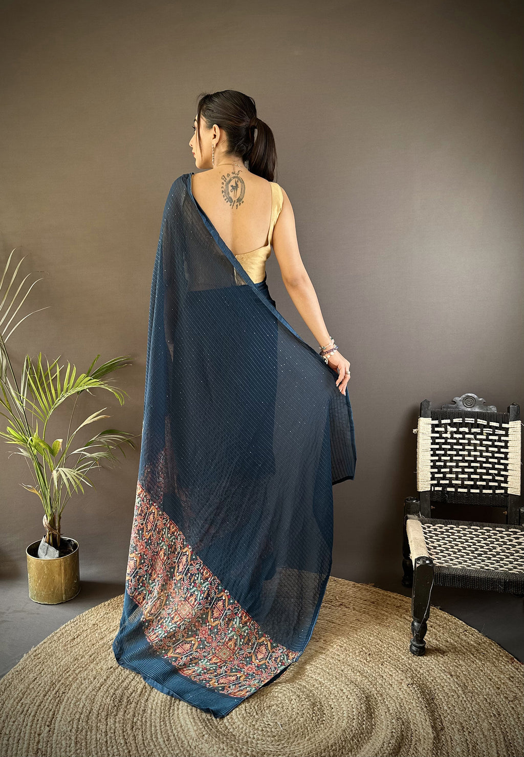 Women Georgette Blue Attractive Foil Print Saree with unstitched blouse