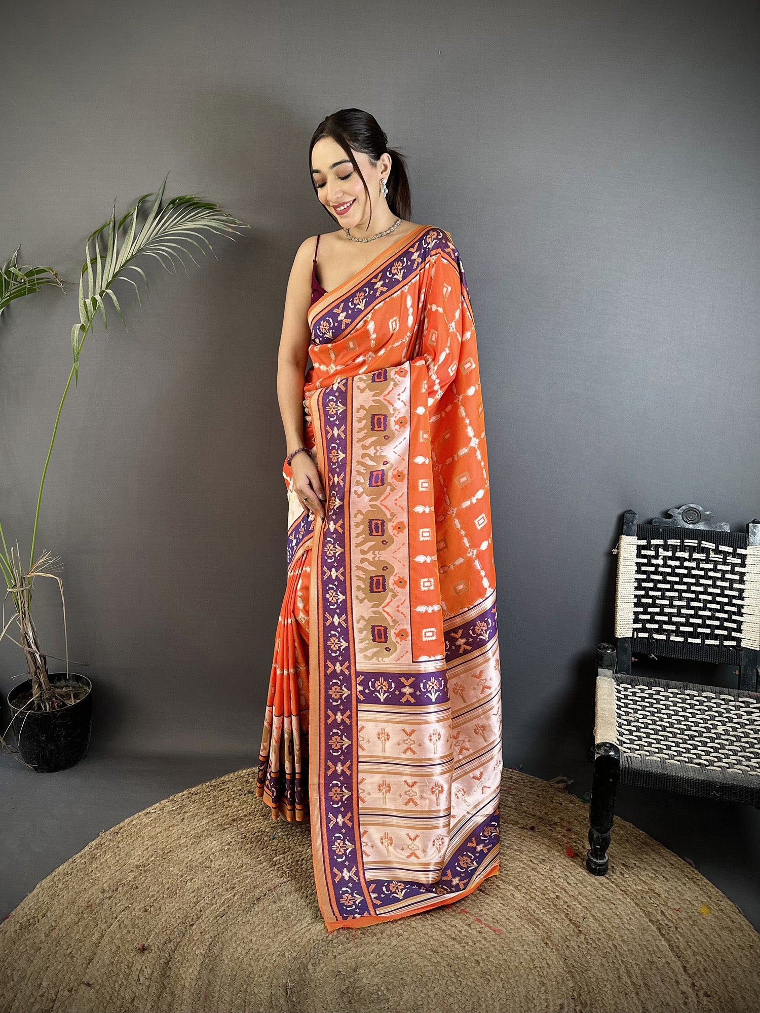 Women Banarasi Silk Orange Motifs Inspired By Nature Saree with unstitched blouse