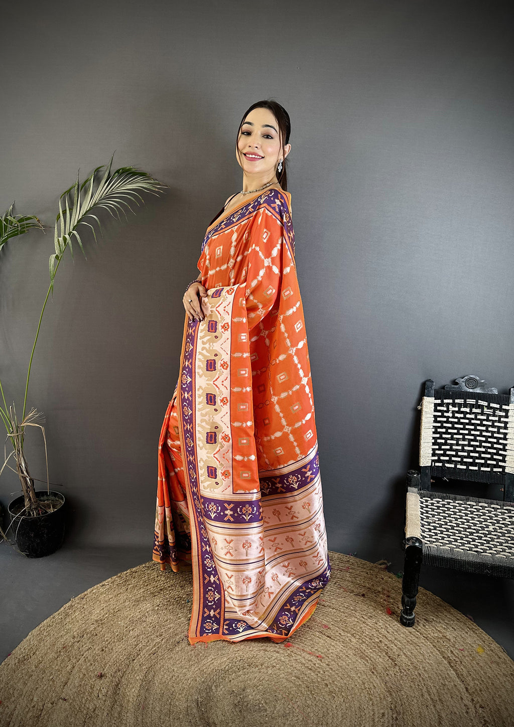 Women Banarasi Silk Orange Motifs Inspired By Nature Saree with unstitched blouse