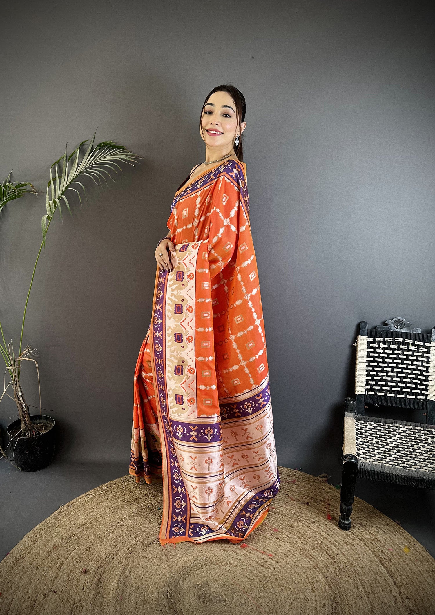 Women Banarasi Silk Orange Motifs Inspired By Nature Saree with unstitched blouse