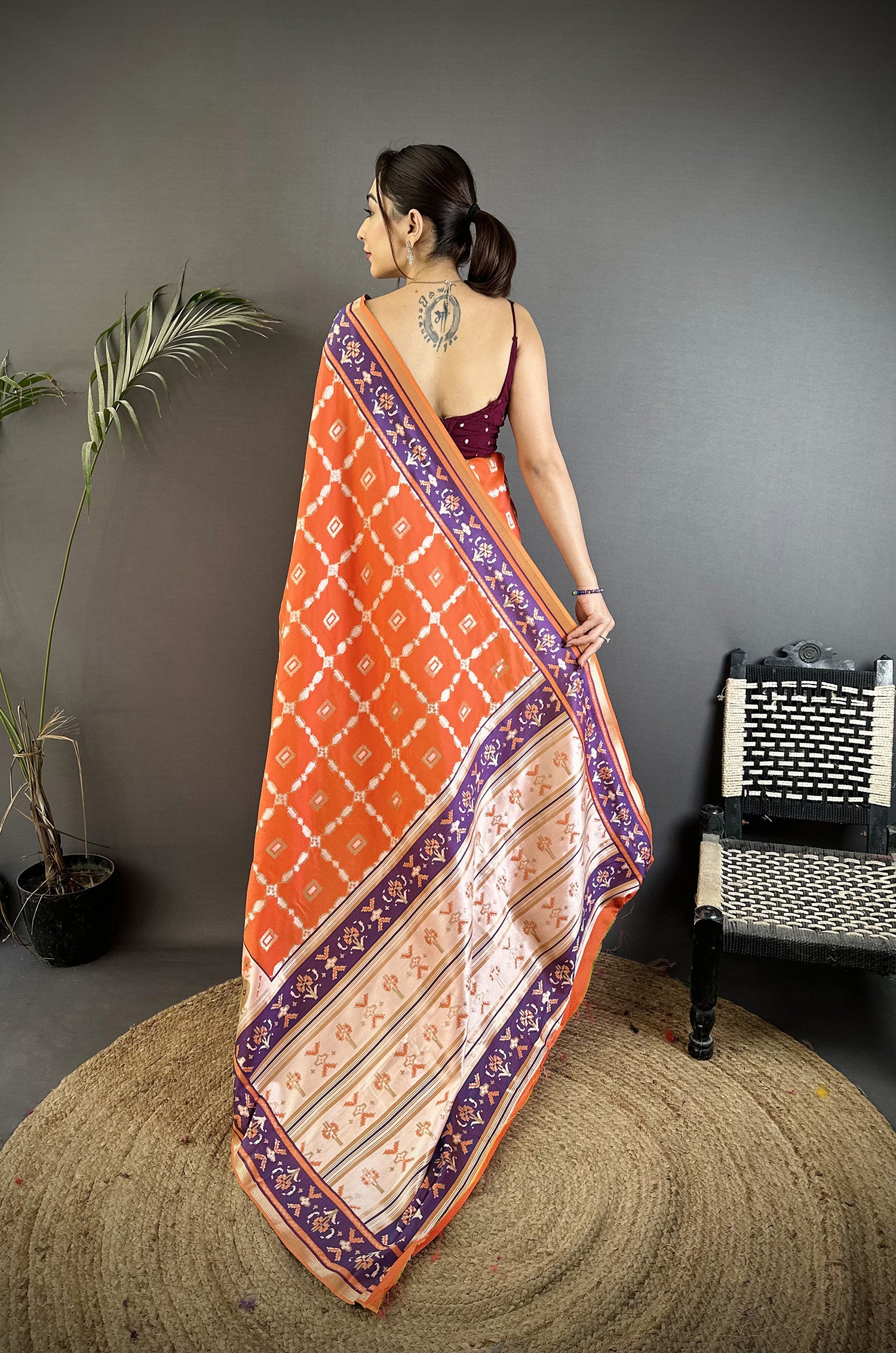 Women Banarasi Silk Orange Motifs Inspired By Nature Saree with unstitched blouse