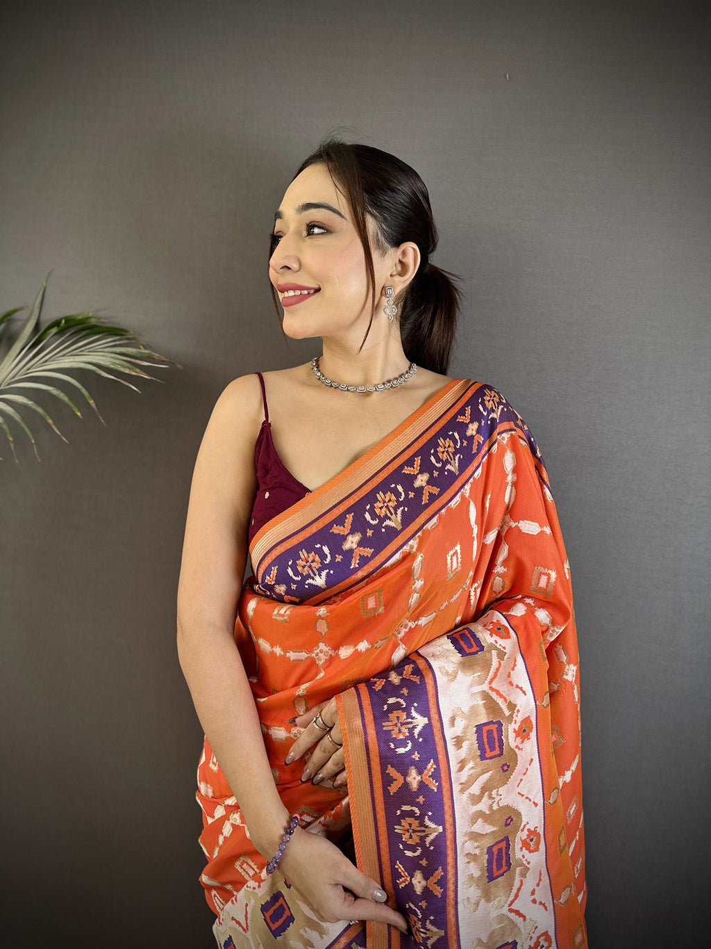 Women Banarasi Silk Orange Motifs Inspired By Nature Saree with unstitched blouse