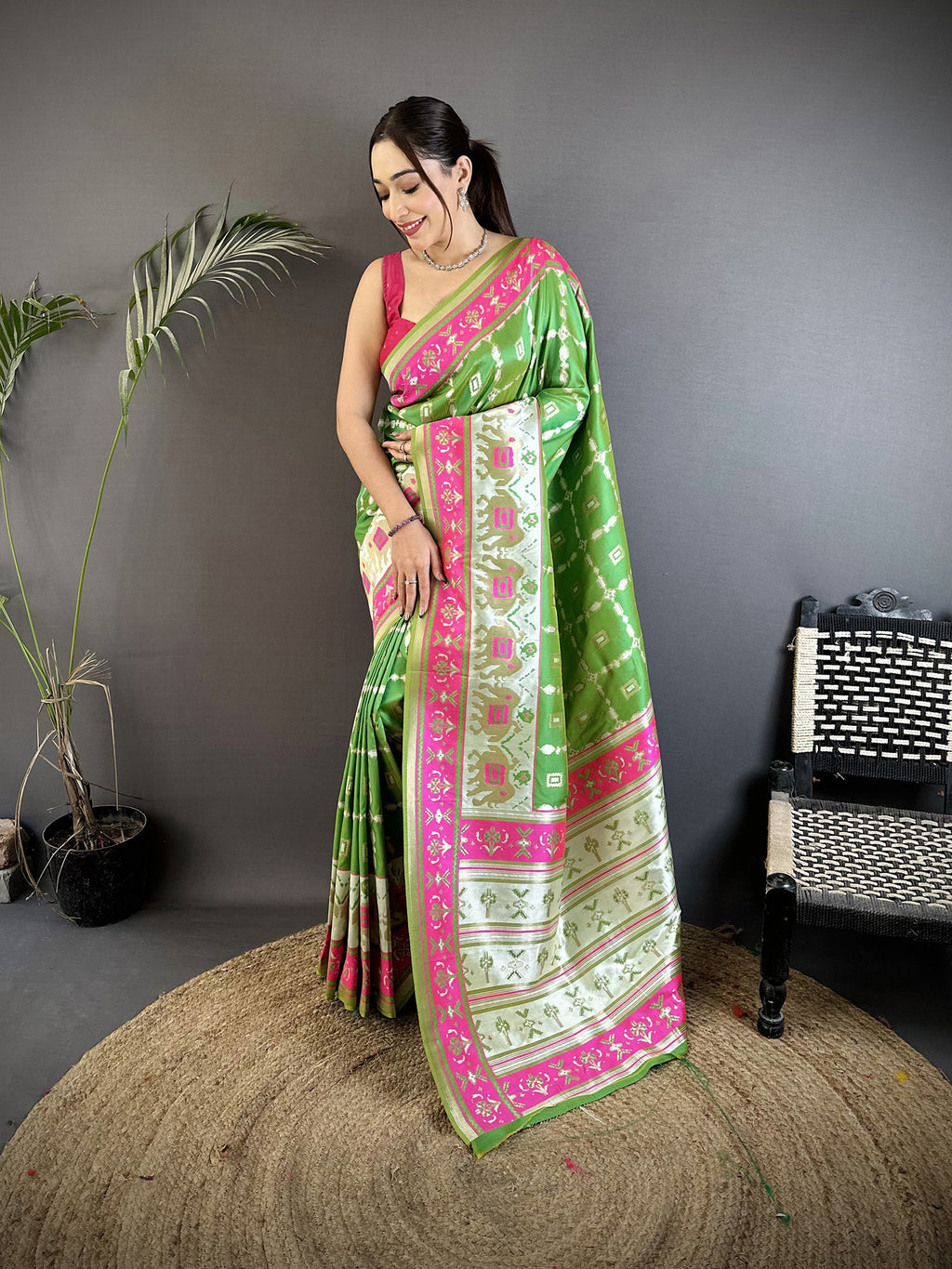 Women Banarasi Silk Parrot Green Motifs Inspired By Nature Saree with unstitched blouse