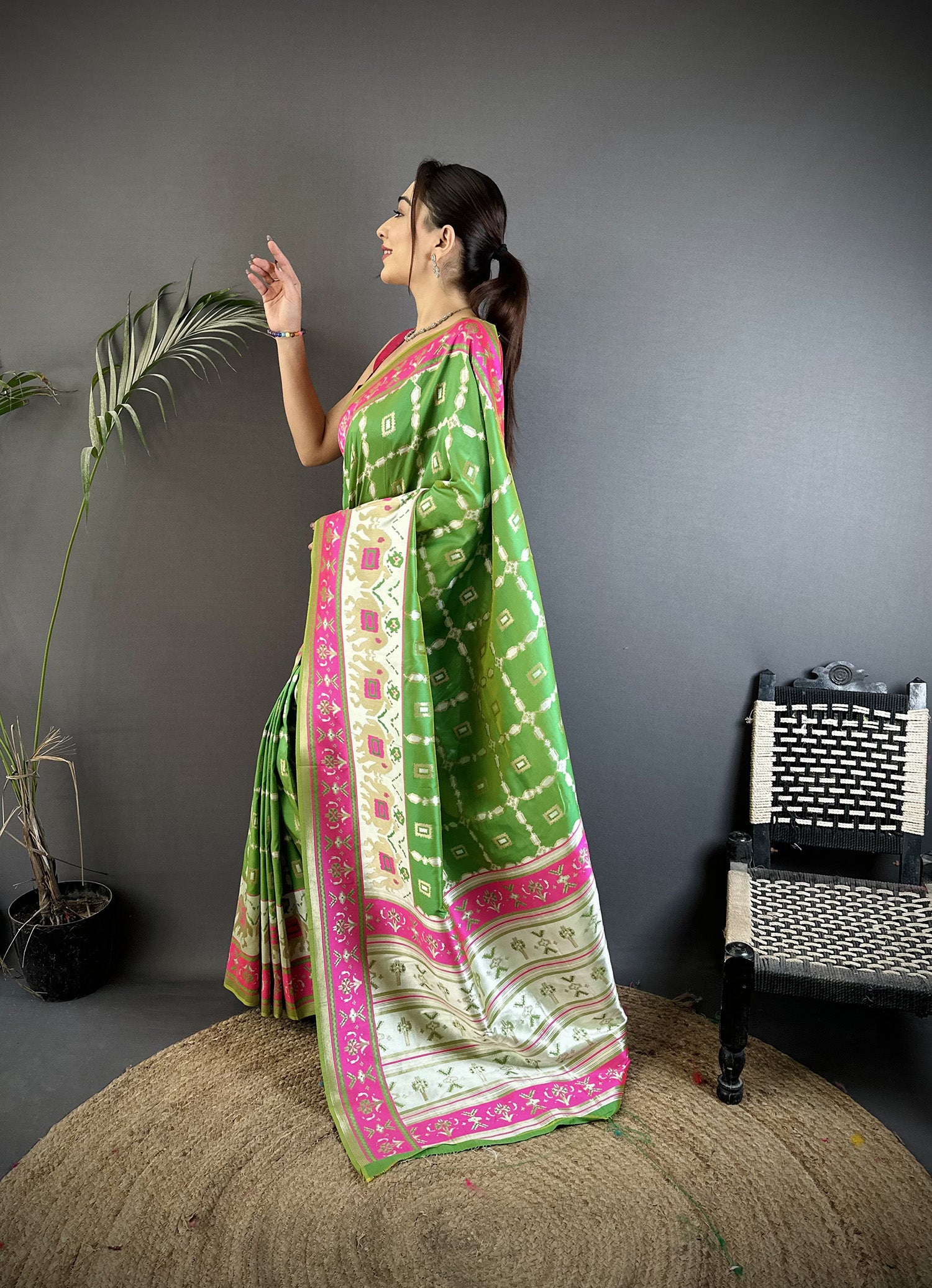 Women Banarasi Silk Parrot Green Motifs Inspired By Nature Saree with unstitched blouse