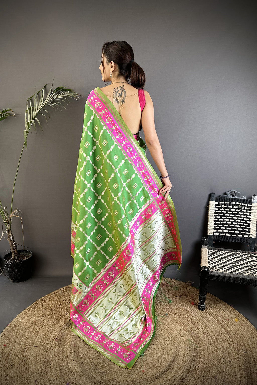 Women Banarasi Silk Parrot Green Motifs Inspired By Nature Saree with unstitched blouse
