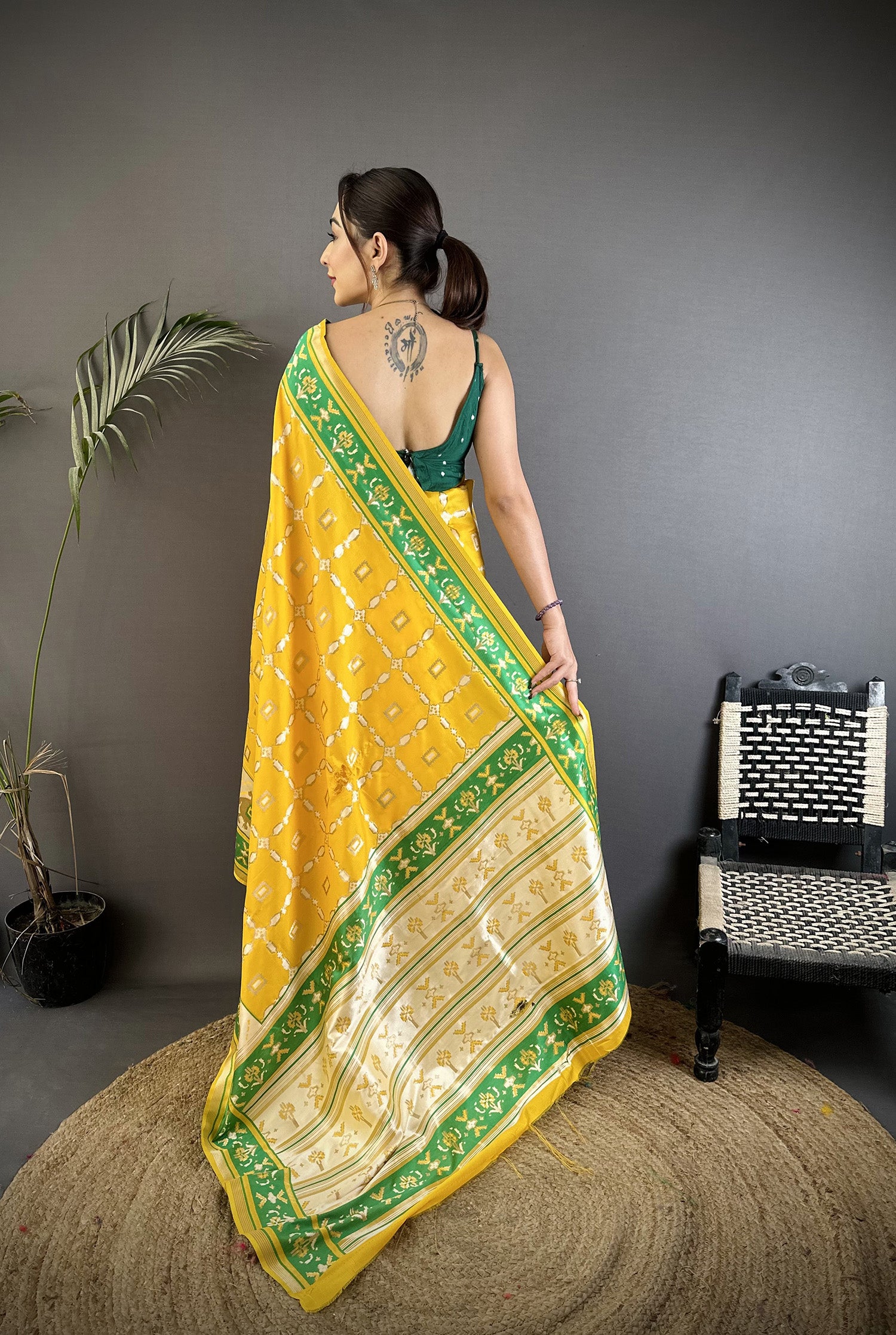 Women Banarasi Silk Yellow  Motifs Inspired By Nature Saree with unstitched blouse