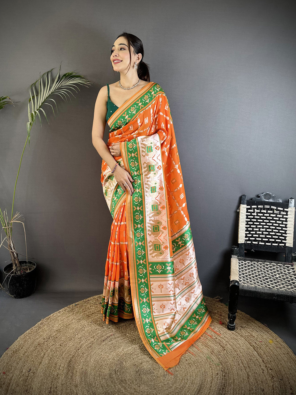 Women Banarasi Silk Orange Motifs Inspired By Nature Saree with unstitched blouse