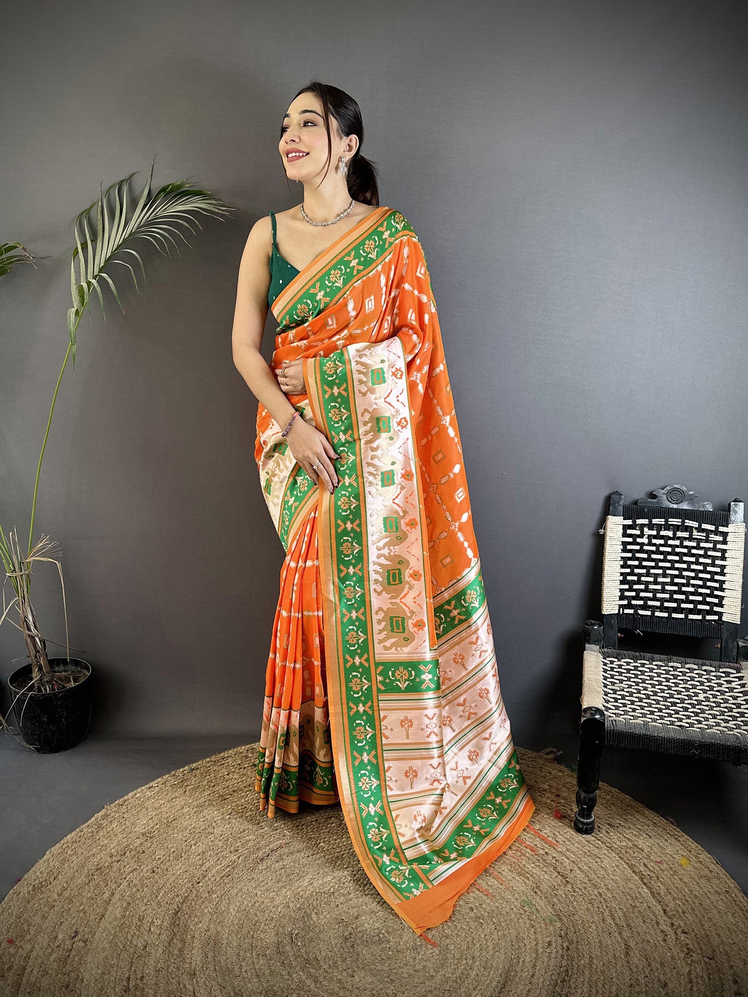 Women Banarasi Silk Orange Motifs Inspired By Nature Saree with unstitched blouse