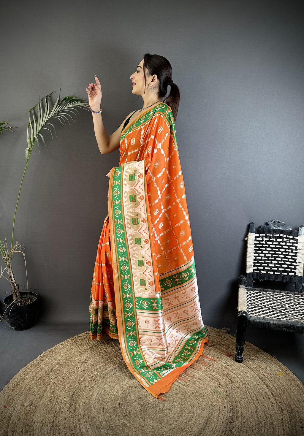 Women Banarasi Silk Orange Motifs Inspired By Nature Saree with unstitched blouse