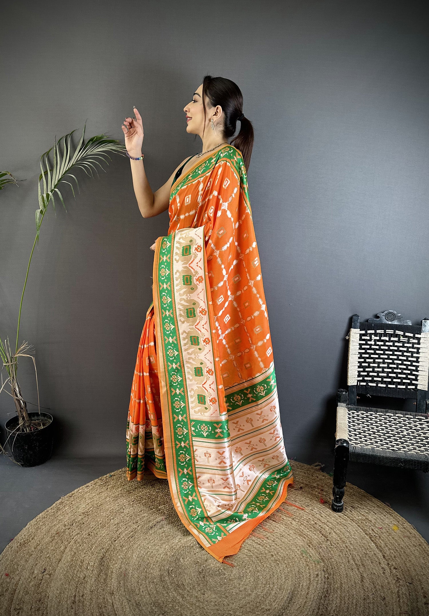 Women Banarasi Silk Orange Motifs Inspired By Nature Saree with unstitched blouse