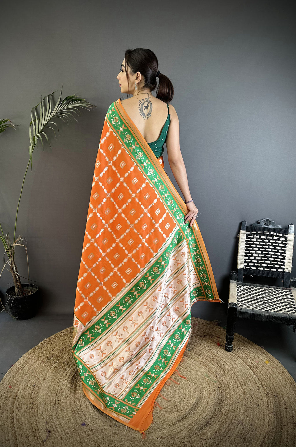 Women Banarasi Silk Orange Motifs Inspired By Nature Saree with unstitched blouse