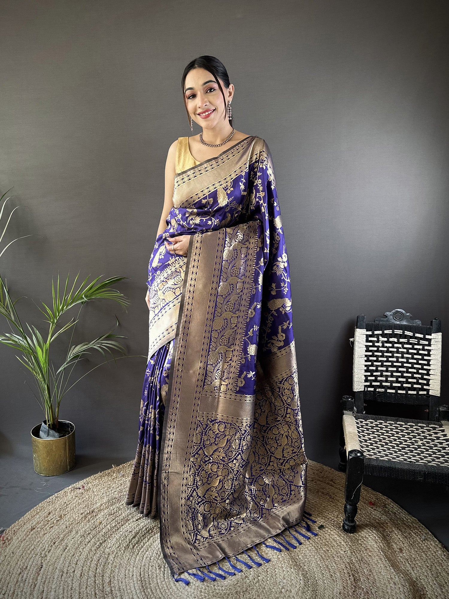 Women Banarasi Soft Lichi Silk Royal Blue Floral and Zari Pattern Saree with unstitched blouse