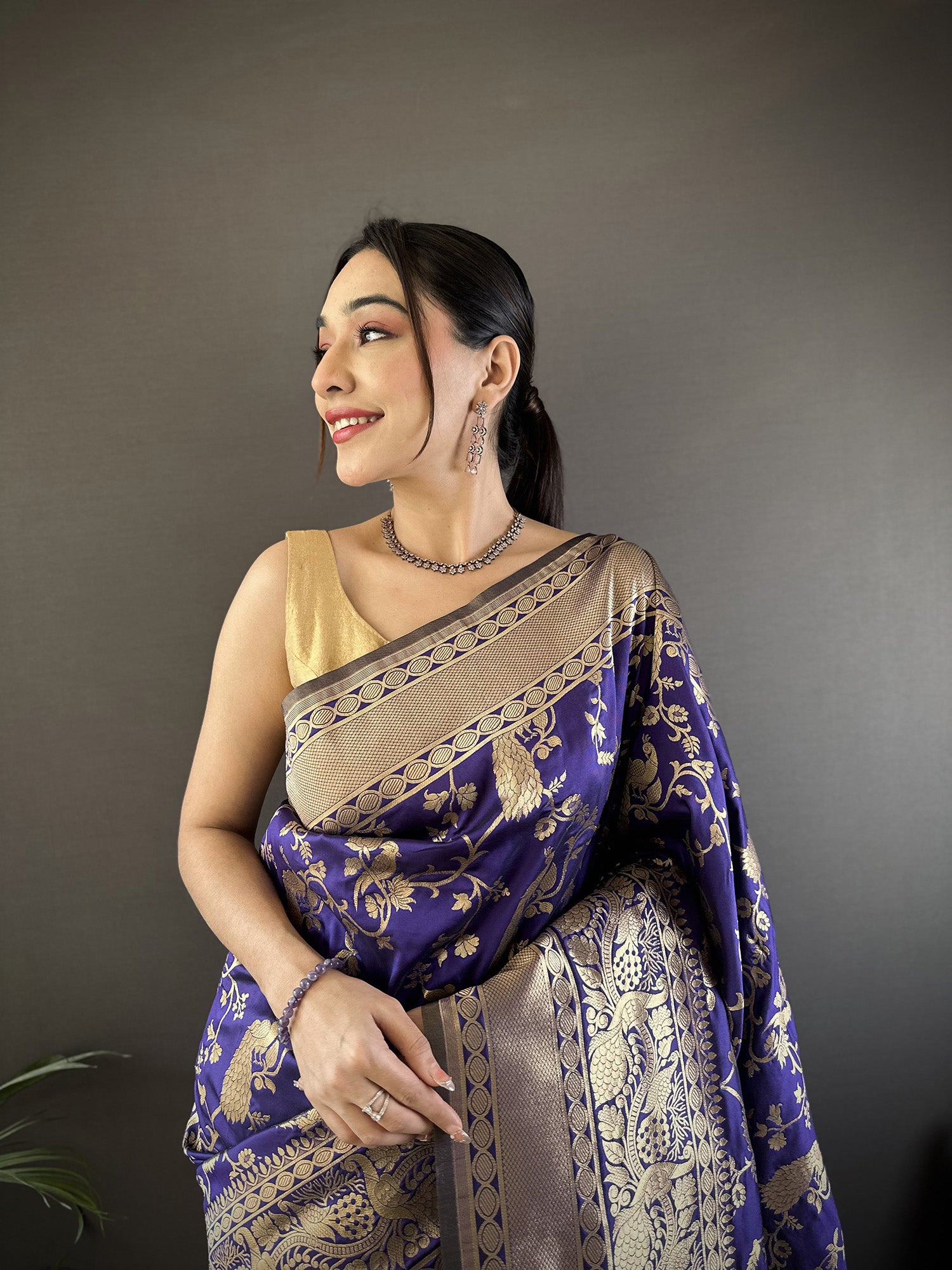 Women Banarasi Soft Lichi Silk Royal Blue Floral and Zari Pattern Saree with unstitched blouse