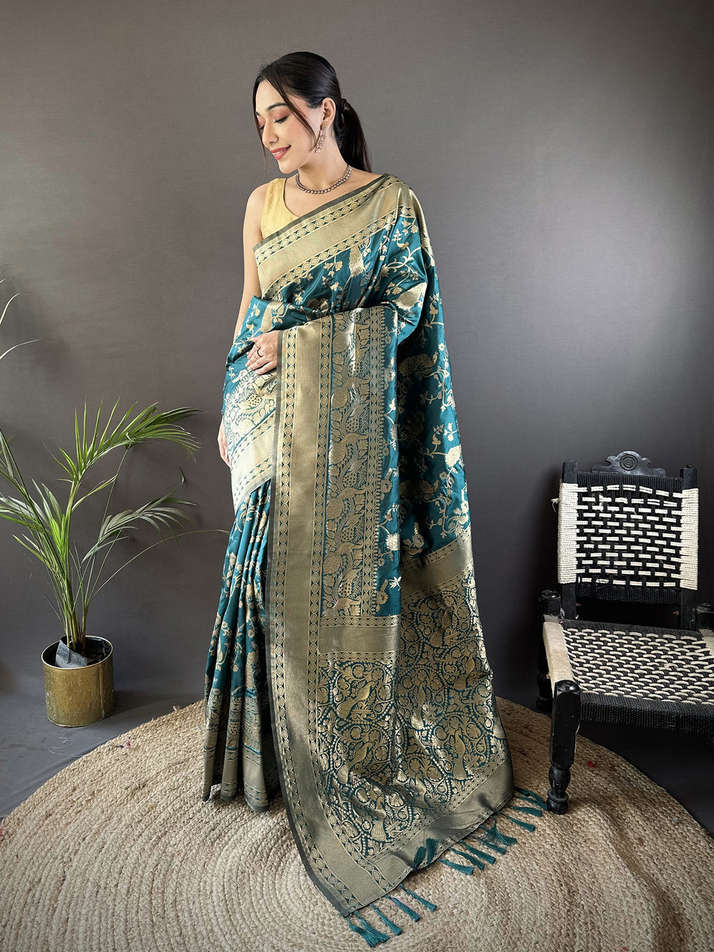 Women Banarasi Soft Lichi Silk Teal Blue Floral and Zari Pattern Saree with unstitched blouse
