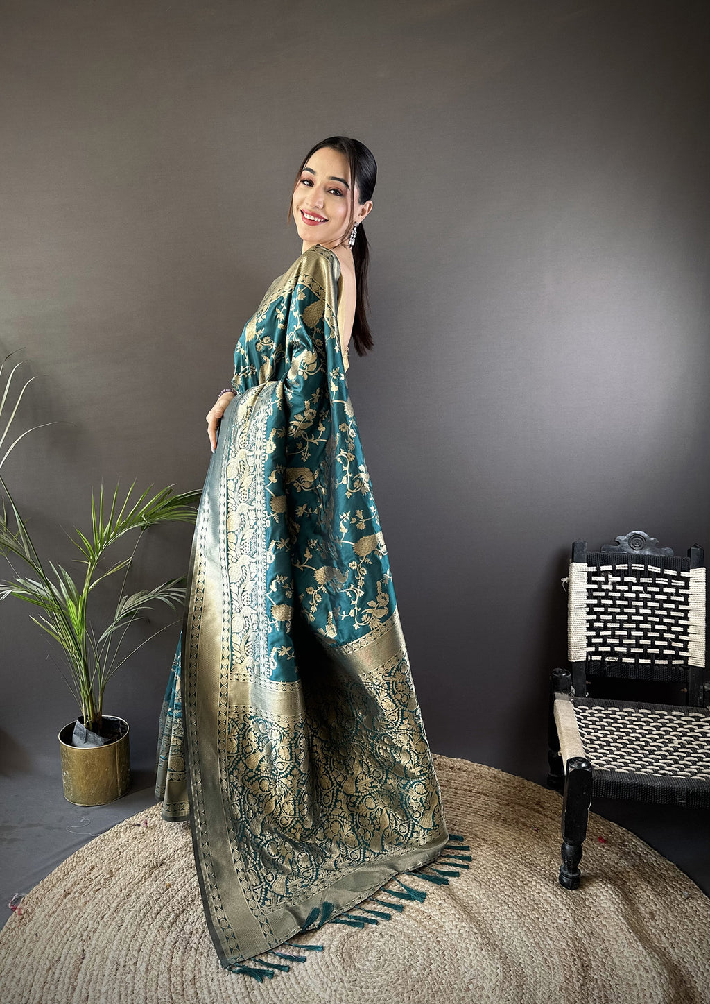 Women Banarasi Soft Lichi Silk Teal Blue Floral and Zari Pattern Saree with unstitched blouse