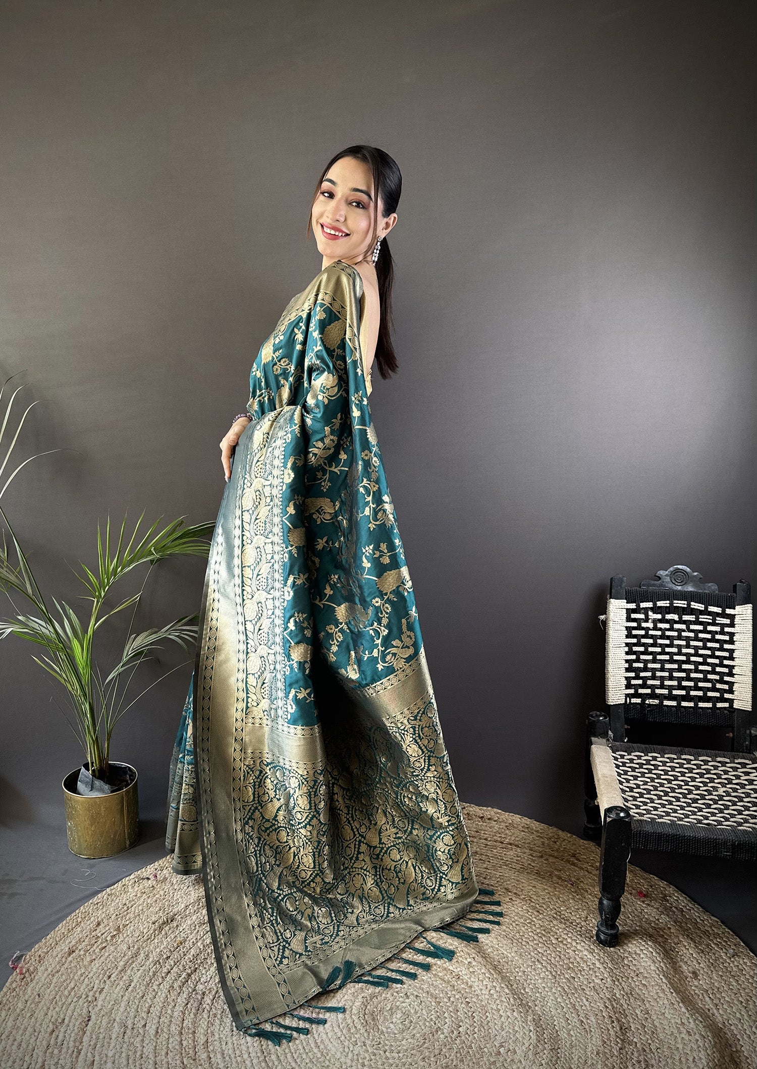 Women Banarasi Soft Lichi Silk Teal Blue Floral and Zari Pattern Saree with unstitched blouse