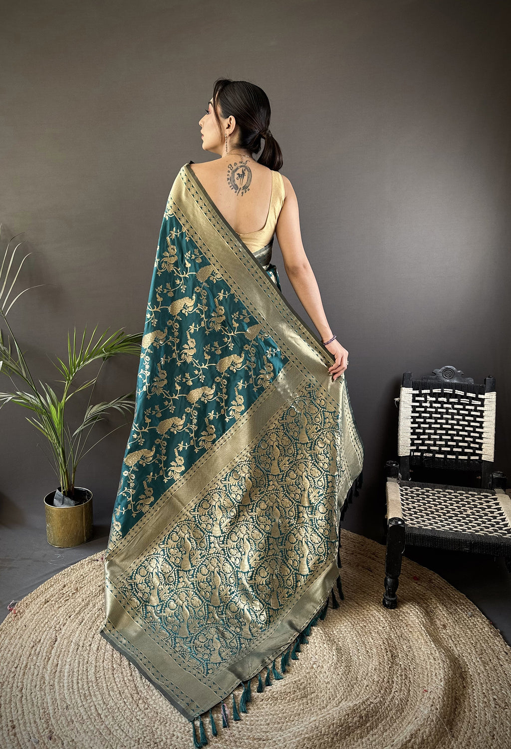Women Banarasi Soft Lichi Silk Teal Blue Floral and Zari Pattern Saree with unstitched blouse