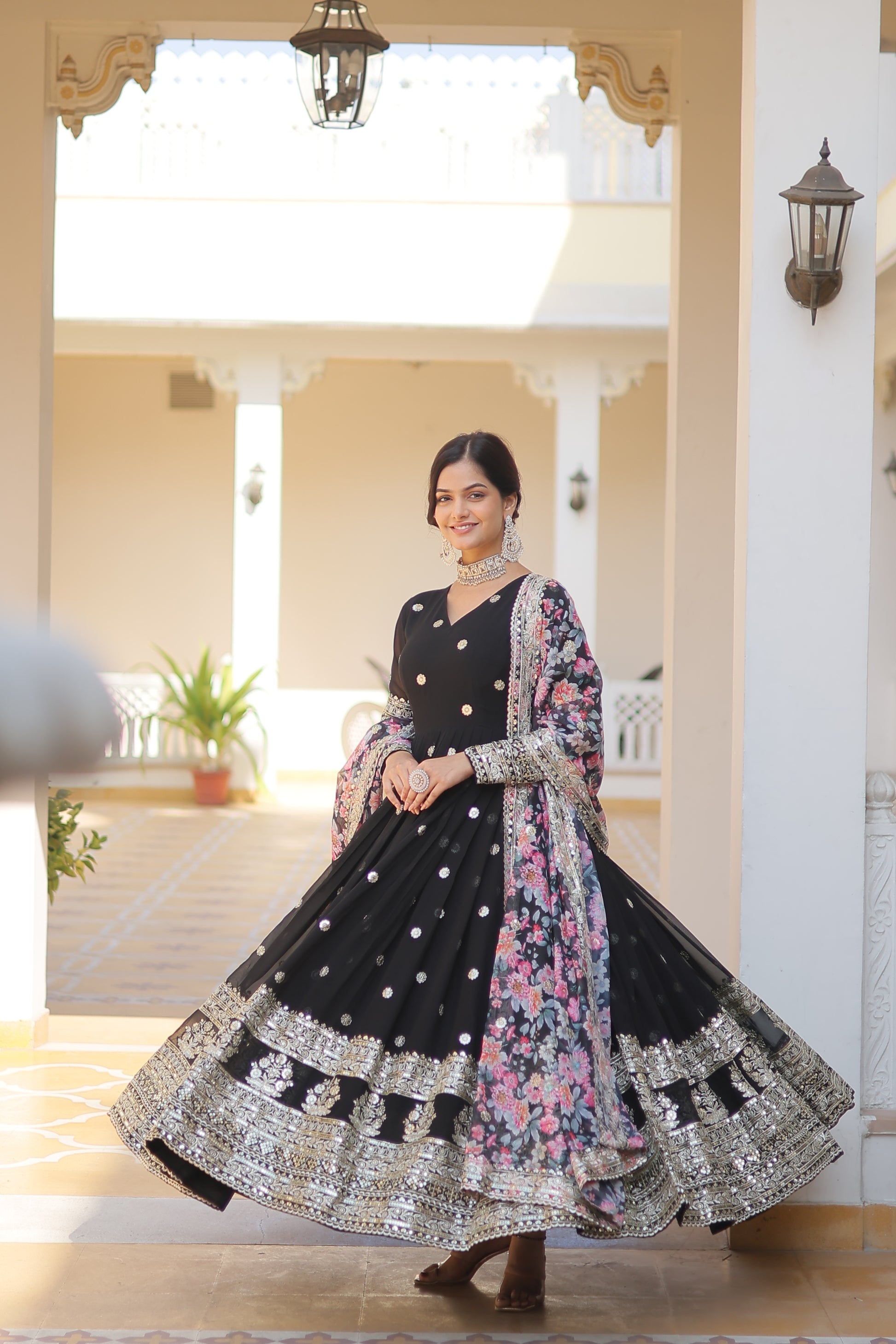 Women Georgette Black Sequence Embroidery Work Kurta Set