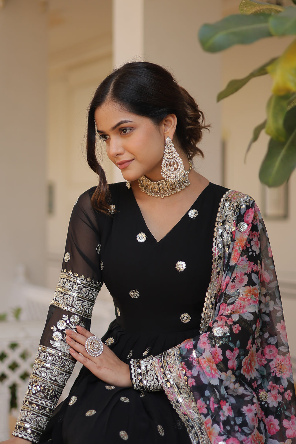 Women Georgette Black Sequence Embroidery Work Kurta Set